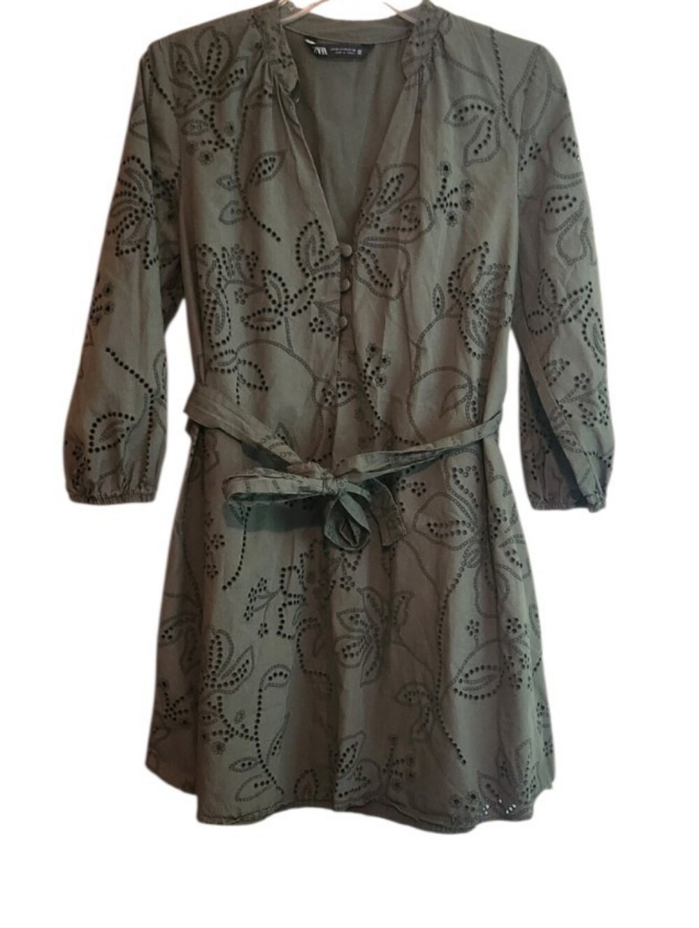 Zara Olive Green Embroidery Eyelet Tie-Waist Mini Dress